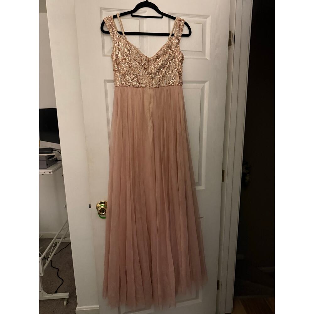 Champagne Colored Sequin Prom/Wedding Dress Size Large - Picture 2 of 7